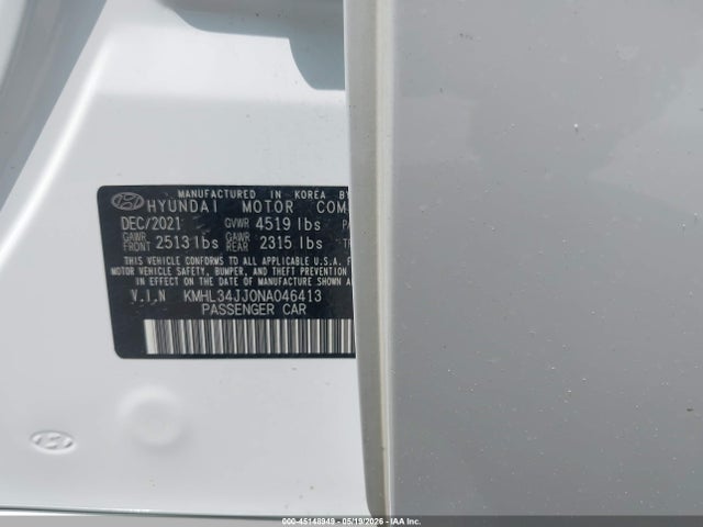 45148949 :رقم المزاد ، KMHL34JJ0NA046413 vin ، 2022 Hyundai Sonata Hybrid Sel مزاد بيع