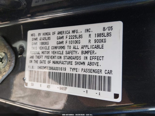 Aukcja sprzedaży 2006 Honda Accord 2.4 Se, vin: 1HGCM56396A001619, numer aukcji: 45148954
