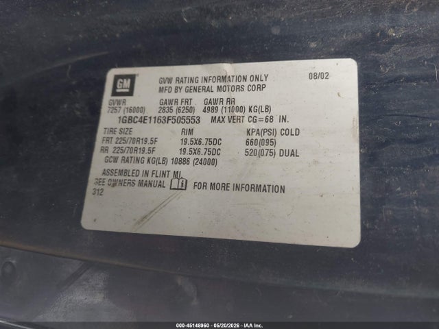 Продажа на аукционе авто 2003 Chevrolet Cc4500, vin: 1GBC4E1163F505553, номер лота: 45148960