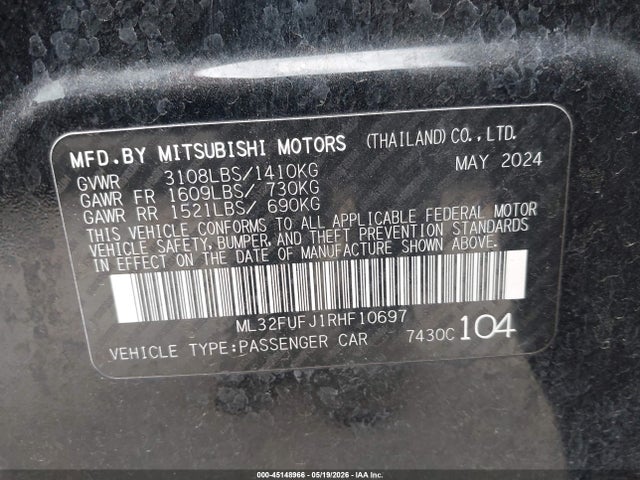 Aukcja sprzedaży 2024 Mitsubishi Mirage G4 Es, vin: ML32FUFJ1RHF10697, numer aukcji: 45148966