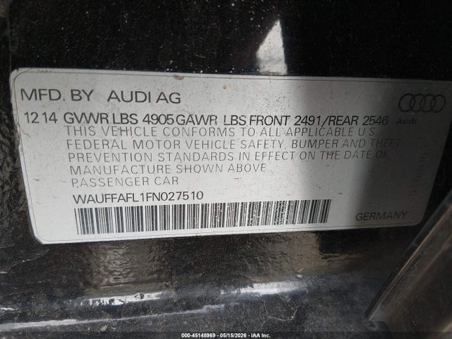 45148969 :رقم المزاد ، WAUFFAFL1FN027510 vin ، 2015 Audi A4 2.0t Premium مزاد بيع