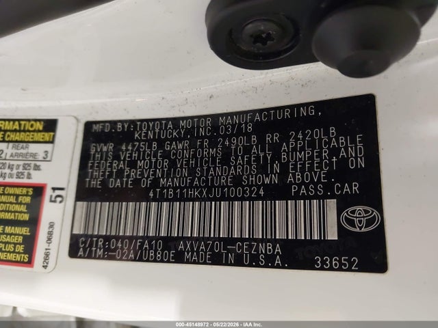 2018 Toyota Camry Le მანქანა იყიდება აუქციონზე, vin: 4T1B11HKXJU100324, აუქციონის ნომერი: 45148972