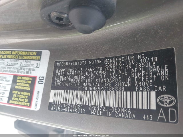 45148976 :رقم المزاد ، 2T1BURHE9KC186888 vin ، 2019 Toyota Corolla Le مزاد بيع
