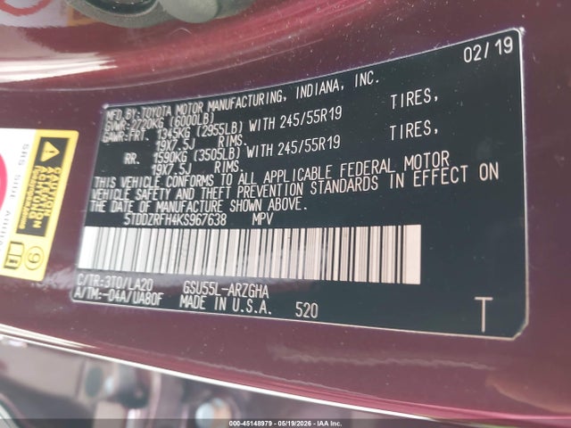Toyota Highlander Limited Platinum 2019 5TDDZRFH4KS967638 Image 9
