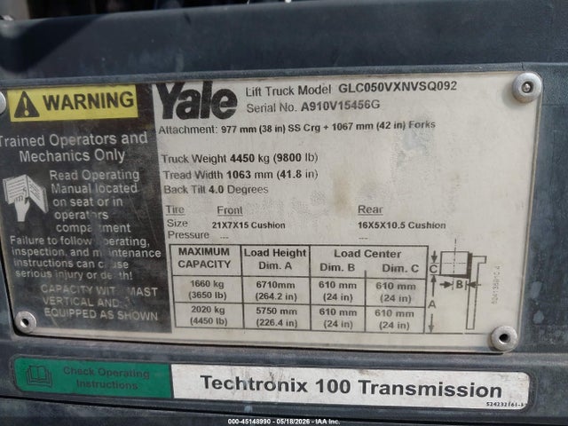 2010 Yale 50vx მანქანა იყიდება აუქციონზე, vin: A910V15456G, აუქციონის ნომერი: 45148990