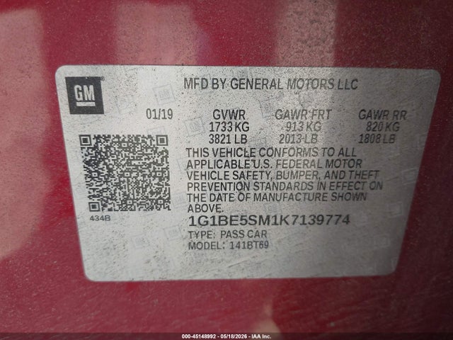 2019 Chevrolet Cruze Lt მანქანა იყიდება აუქციონზე, vin: 1G1BE5SM1K7139774, აუქციონის ნომერი: 45148992