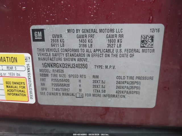 Продажа на аукционе авто 2017 Chevrolet Traverse 1lt, vin: 1GNKRGKD2HJ240350, номер лота: 45148993