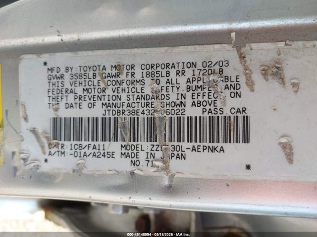 Продаж на аукціоні авто 2003 Toyota Corolla Le, vin: JTDBR38E432006022, номер лоту: 45148994