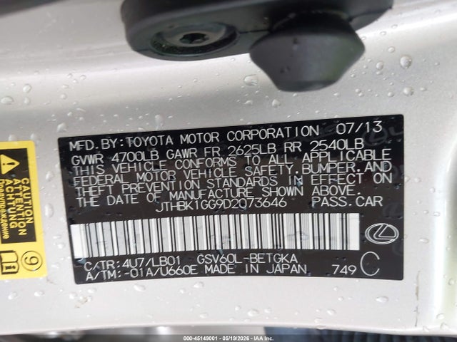 Aukcja sprzedaży 2013 Lexus Es 350, vin: JTHBK1GG9D2073646, numer aukcji: 45149001