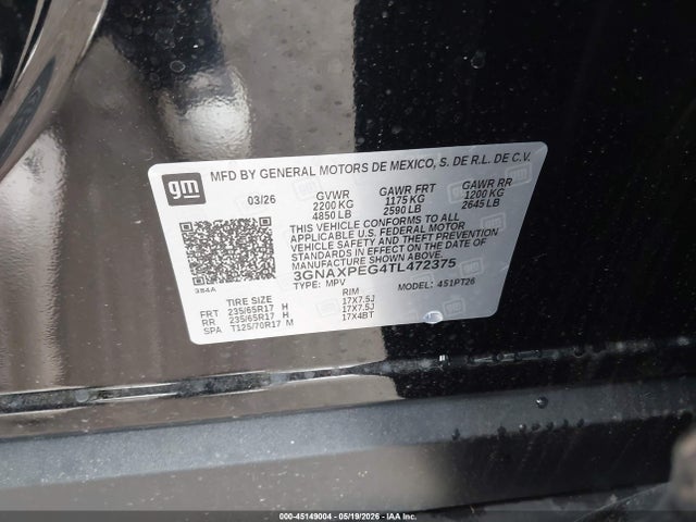 45149004 :رقم المزاد ، 3GNAXPEG4TL472375 vin ، 2026 Chevrolet Equinox Awd Lt مزاد بيع