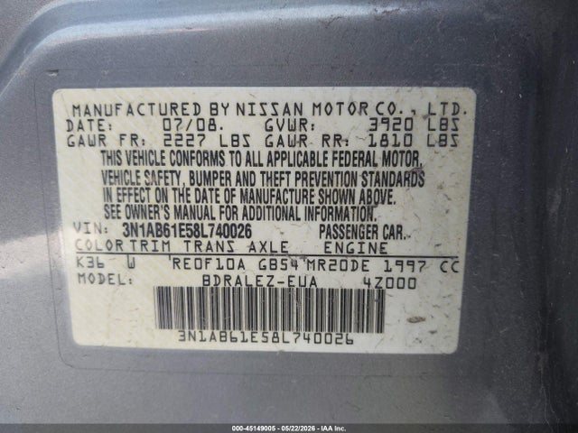 2008 Nissan Sentra 2.0s მანქანა იყიდება აუქციონზე, vin: 3N1AB61E58L740026, აუქციონის ნომერი: 45149005