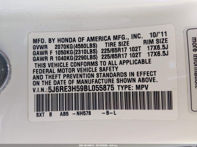 Продажа на аукционе авто 2011 Honda Cr-v Ex, vin: 5J6RE3H59BL055875, номер лота: 45149015