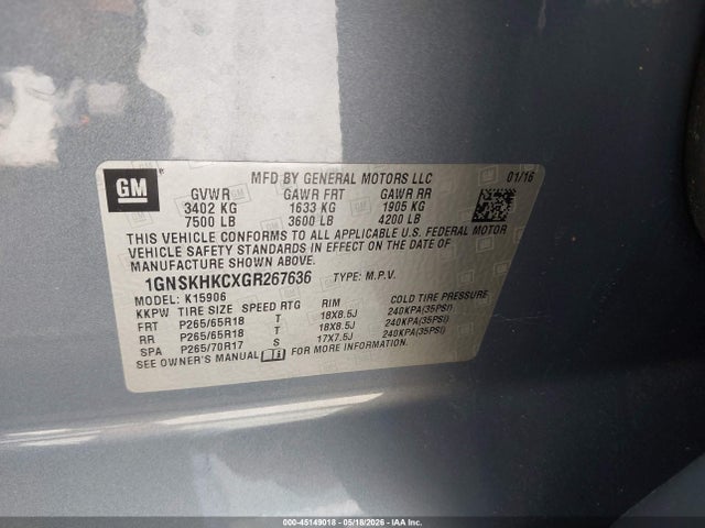 Aukcja sprzedaży 2016 Chevrolet Suburban Lt, vin: 1GNSKHKCXGR267636, numer aukcji: 45149018