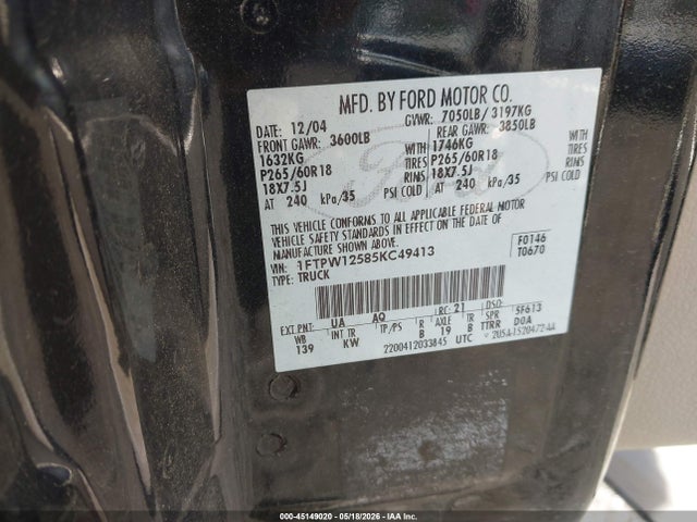 Aukcja sprzedaży 2005 Ford F-150 Lariat/xlt, vin: 1FTPW12585KC49413, numer aukcji: 45149020