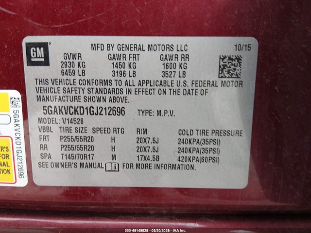 Продаж на аукціоні авто 2016 Buick Enclave Premium, vin: 5GAKVCKD1GJ212696, номер лоту: 45149025