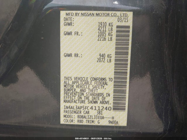 Aukcja sprzedaży 2015 Nissan Altima 2.5 Sv, vin: 1N4AL3AP5FC411240, numer aukcji: 45149031