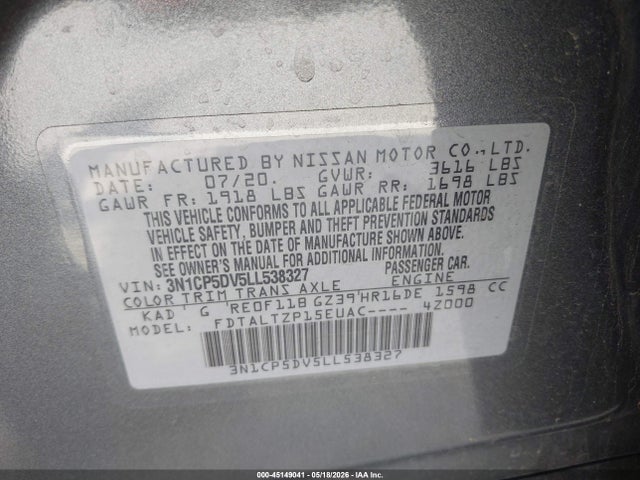 Продаж на аукціоні авто 2020 Nissan Kicks Sr Xtronic Cvt, vin: 3N1CP5DV5LL538327, номер лоту: 45149041