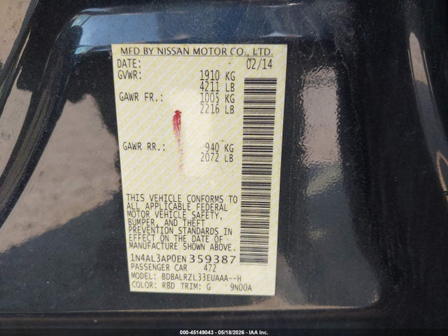 Aukcja sprzedaży 2014 Nissan Altima 2.5 S, vin: 1N4AL3AP0EN359387, numer aukcji: 45149043