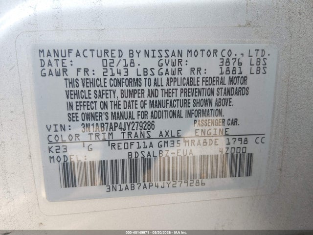 Продажа на аукционе авто 2018 Nissan Sentra S, vin: 3N1AB7AP4JY279286, номер лота: 45149071