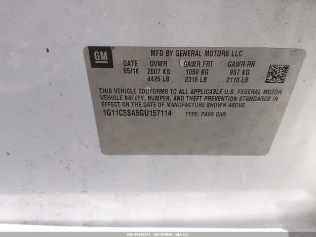 Aukcja sprzedaży 2016 Chevrolet Malibu Limited Lt, vin: 1G11C5SA5GU157114, numer aukcji: 45149083