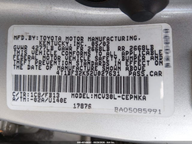 2002 Toyota Camry Le V6 მანქანა იყიდება აუქციონზე, vin: 4T1BF32K52U027631, აუქციონის ნომერი: 45149091