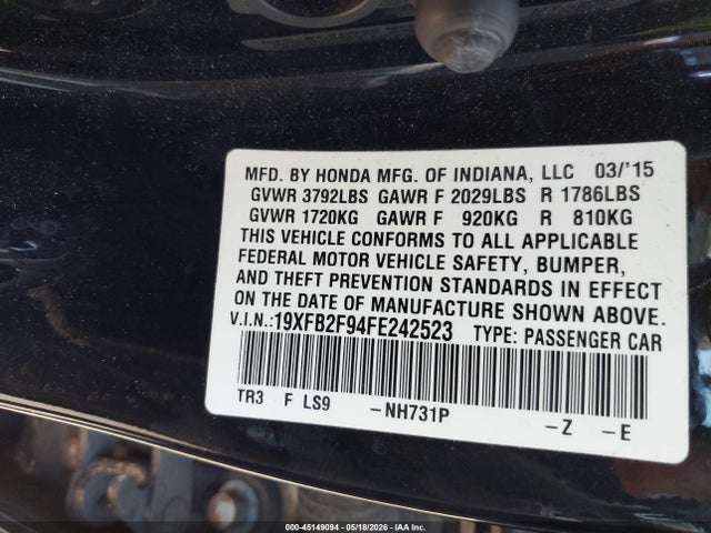 Auction sale of the 2015 Honda Civic Ex-l, vin: 19XFB2F94FE242523, lot number: 45149094