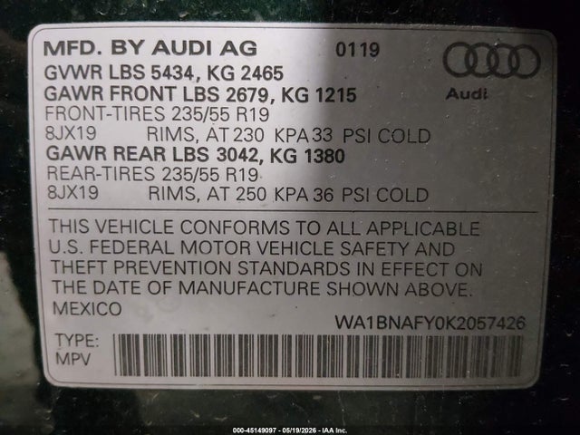 Продажа на аукционе авто 2019 Audi Q5 45 Premium, vin: WA1BNAFY0K2057426, номер лота: 45149097