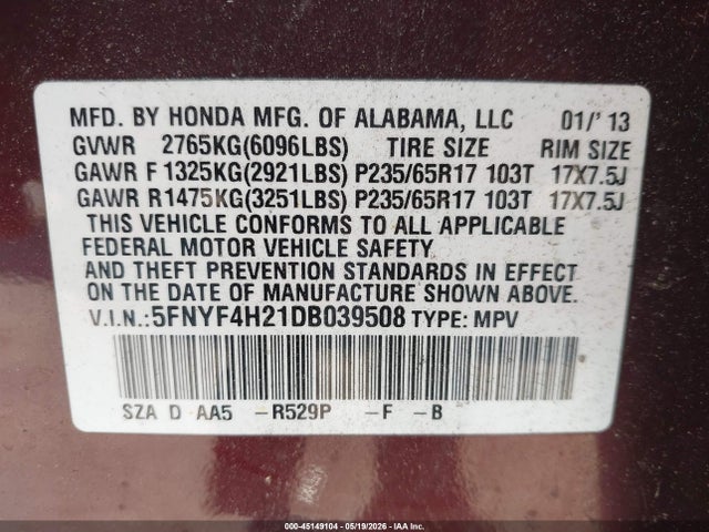 2013 Honda Pilot Lx მანქანა იყიდება აუქციონზე, vin: 5FNYF4H21DB039508, აუქციონის ნომერი: 45149104