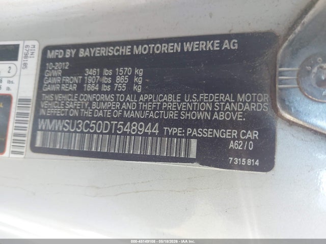 Продажа на аукционе авто 2013 Mini Hardtop Cooper, vin: WMWSU3C50DT548944, номер лота: 45149108