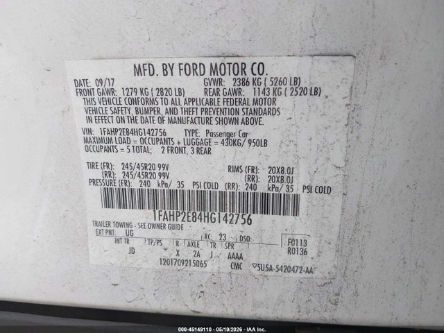 Продаж на аукціоні авто 2017 Ford Taurus Sel, vin: 1FAHP2E84HG142756, номер лоту: 45149110