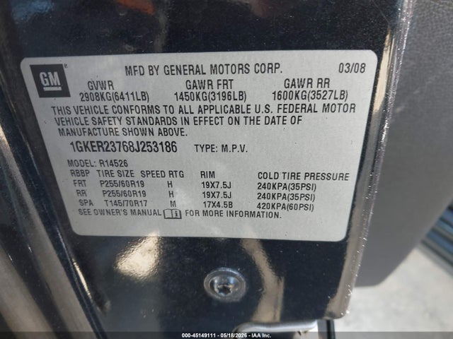 45149111 :رقم المزاد ، 1GKER23768J253186 vin ، 2008 Gmc Acadia Slt-1 مزاد بيع