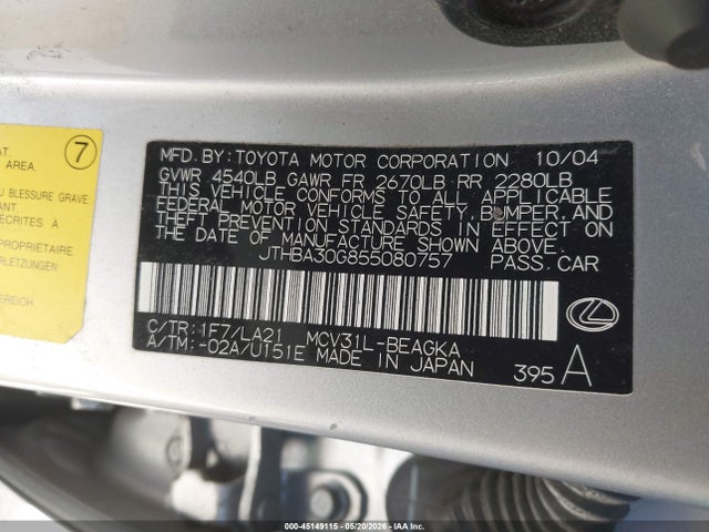 Aukcja sprzedaży 2005 Lexus Es 330, vin: JTHBA30G855080757, numer aukcji: 45149115