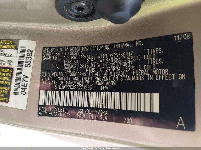 Aukcja sprzedaży 2009 Toyota Sienna Xle, vin: 5TDZK22CX9S271565, numer aukcji: 45149117