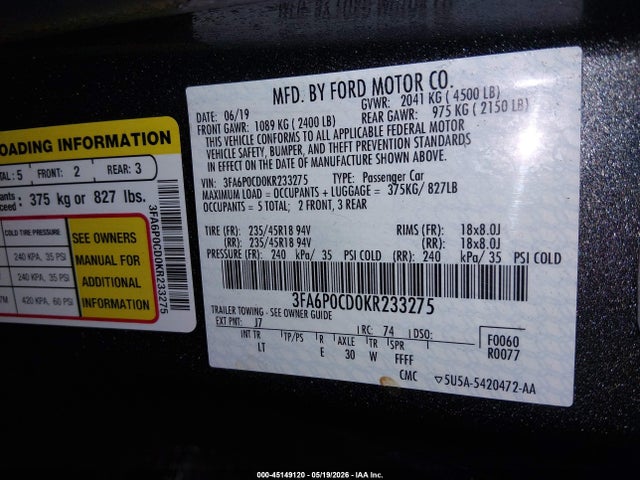 Ford FUSION SEL 2019 3FA6P0CD0KR233275 Image 9
