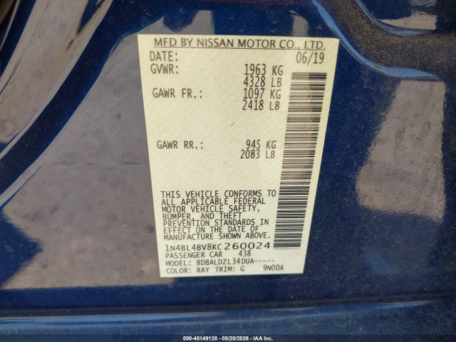 Nissan Altima 2.5 S 2019 1N4BL4BV8KC260024 Image 9