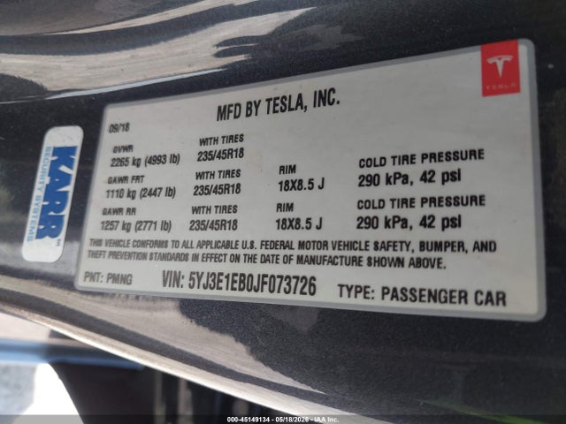 Продаж на аукціоні авто 2018 Tesla Model 3 Long Range/performance, vin: 5YJ3E1EB0JF073726, номер лоту: 45149134