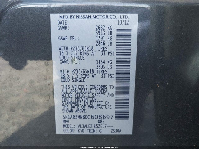 45149147 :رقم المزاد ، 5N1AR2MN8DC608697 vin ، 2013 Nissan Pathfinder Sv مزاد بيع