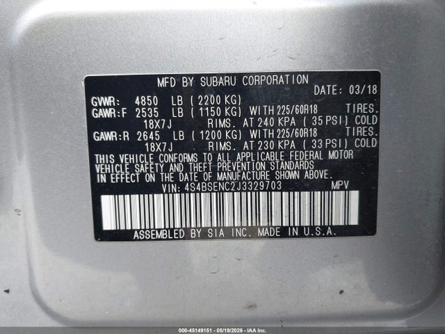 Aukcja sprzedaży 2018 Subaru Outback 3.6r Limited, vin: 4S4BSENC2J3329703, numer aukcji: 45149151