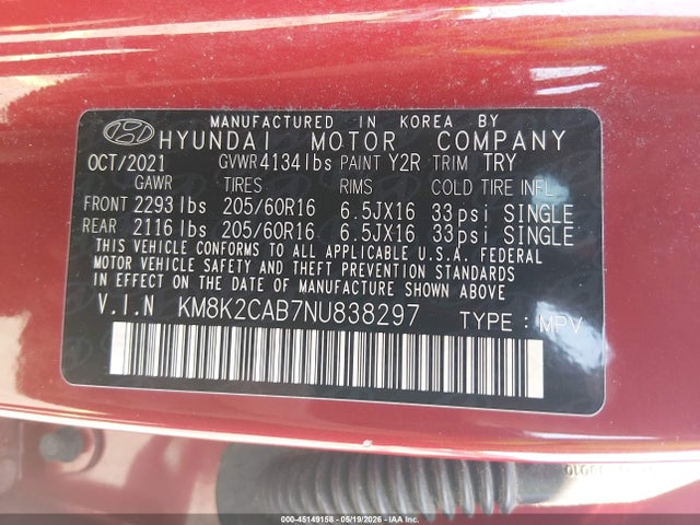 Aukcja sprzedaży 2022 Hyundai Kona Se, vin: KM8K2CAB7NU838297, numer aukcji: 45149158