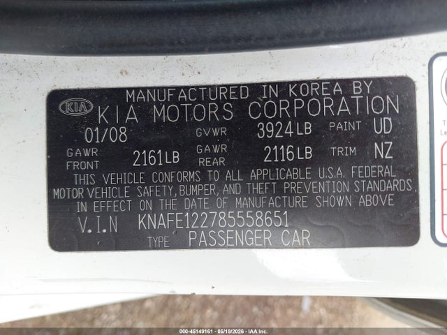 2008 Kia Spectra Ex მანქანა იყიდება აუქციონზე, vin: KNAFE122785558651, აუქციონის ნომერი: 45149161