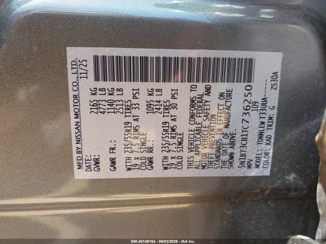Продаж на аукціоні авто 2026 Nissan Rogue Sl, vin: 5N1BT3CB1TC736250, номер лоту: 45149164