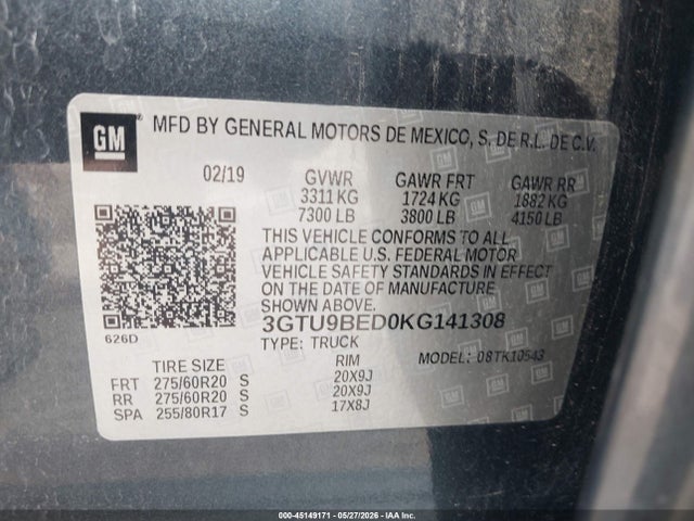 45149171 :رقم المزاد ، 3GTU9BED0KG141308 vin ، 2019 Gmc Sierra 1500 Sle مزاد بيع