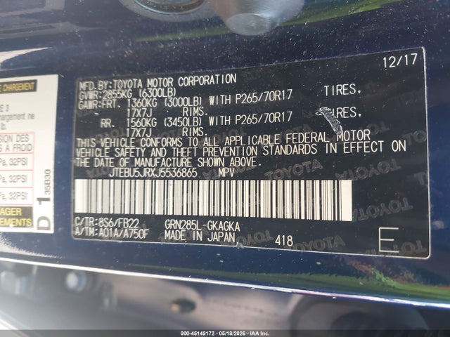 2018 Toyota 4runner Sr5 მანქანა იყიდება აუქციონზე, vin: JTEBU5JRXJ5536865, აუქციონის ნომერი: 45149172