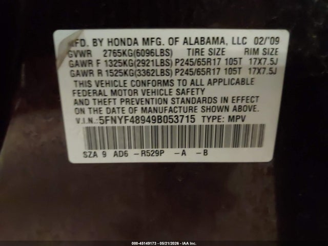 Продаж на аукціоні авто 2009 Honda Pilot Touring, vin: 5FNYF48949B053715, номер лоту: 45149173