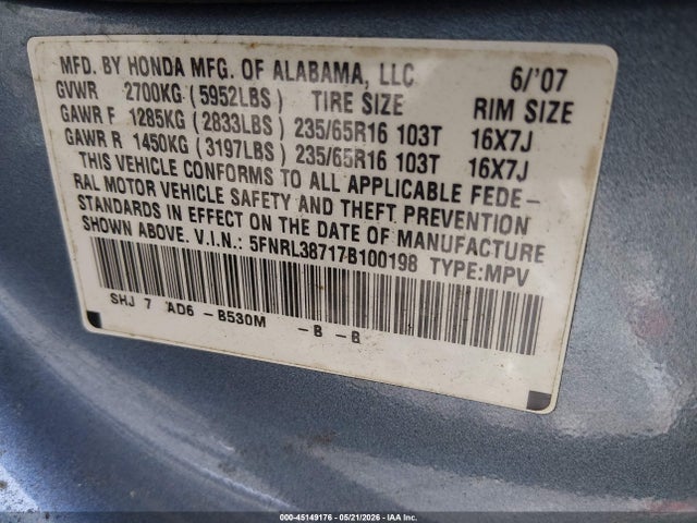 45149176 :رقم المزاد ، 5FNRL38717B100198 vin ، 2007 Honda Odyssey Ex-l مزاد بيع