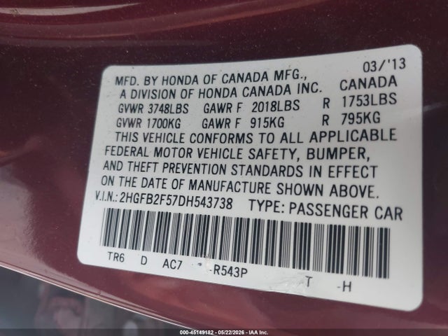 2013 Honda Civic Lx მანქანა იყიდება აუქციონზე, vin: 2HGFB2F57DH543738, აუქციონის ნომერი: 45149182