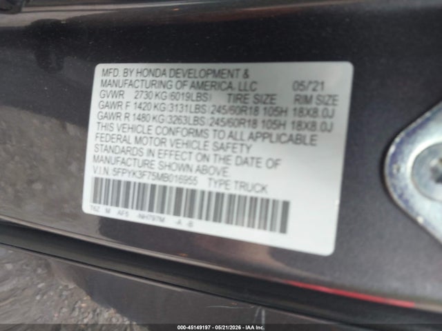 Aukcja sprzedaży 2021 Honda Ridgeline Rtl-e, vin: 5FPYK3F75MB016955, numer aukcji: 45149197