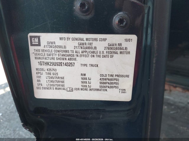 45149205 :رقم المزاد ، 1GTHK29U92E143257 vin ، 2002 Gmc Sierra 2500hd Sle مزاد بيع