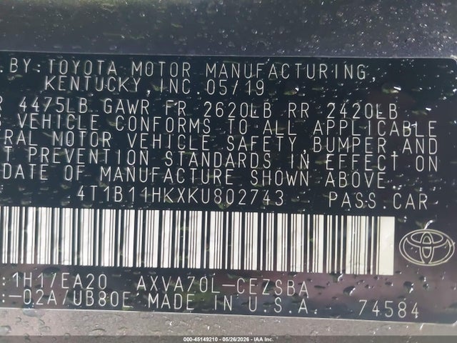 Продажа на аукционе авто 2019 Toyota Camry Se, vin: 4T1B11HKXKU802743, номер лота: 45149210
