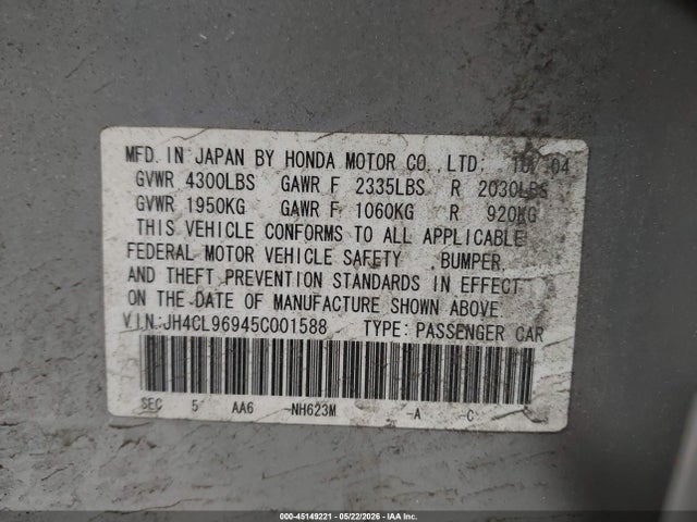 2005 Acura Tsx Base W/navigation (a5) მანქანა იყიდება აუქციონზე, vin: JH4CL96945C001588, აუქციონის ნომერი: 45149221